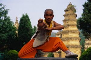 Shaolin Buddhist Monk Practicing Kung Fu